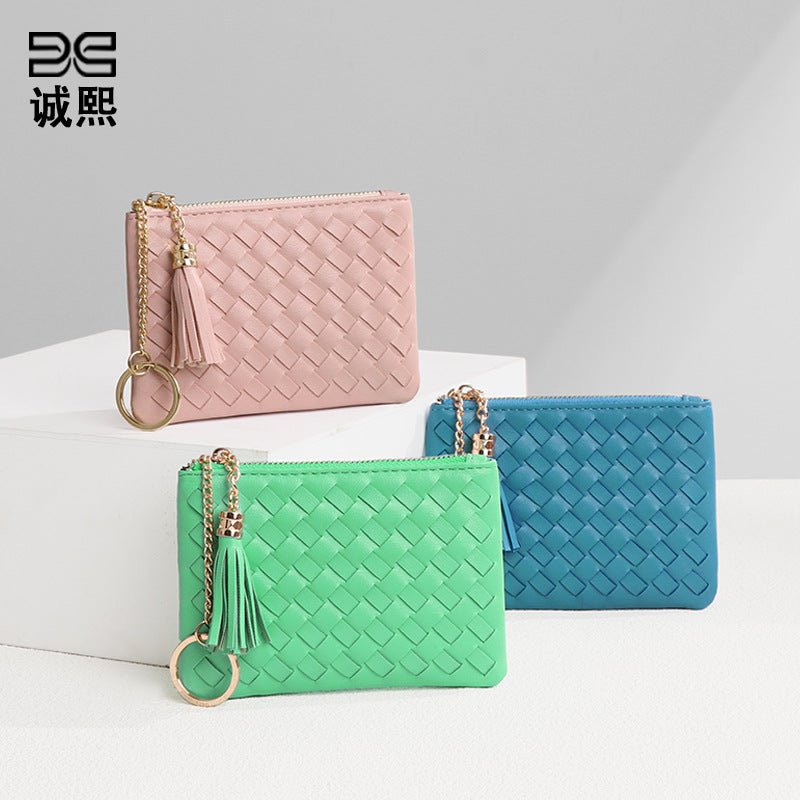 时尚马卡龙编织收纳小包钥匙扣流苏证件卡包多功能实用硬币零钱包