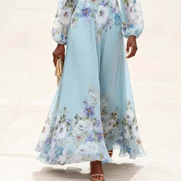 2026欧美女装 独立站 亚马逊 透视长袖V领数码印花长裙花朵连衣裙