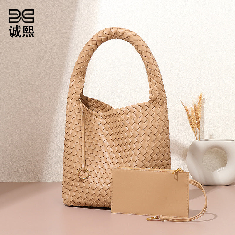 2025亚马逊新款手提编织女包大容量高级感托特包休闲百搭子母包包