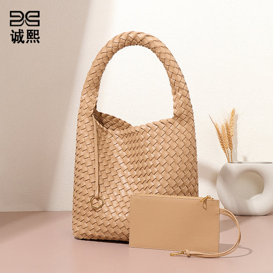 2025亚马逊新款手提编织女包大容量高级感托特包休闲百搭子母包包