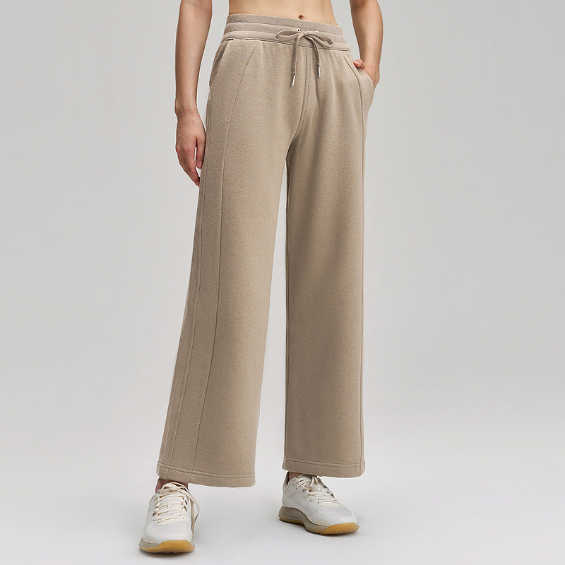 秋冬加绒阔腿长裤直筒瑜伽裤抽绳垂感中腰运动裤宽松休闲卫裤29"