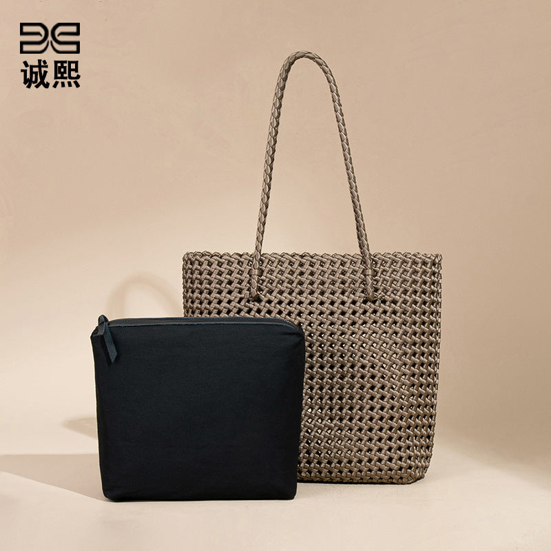 跨境新款大容量单肩托特包风车结镂空子母腋下包高级感通勤编织包