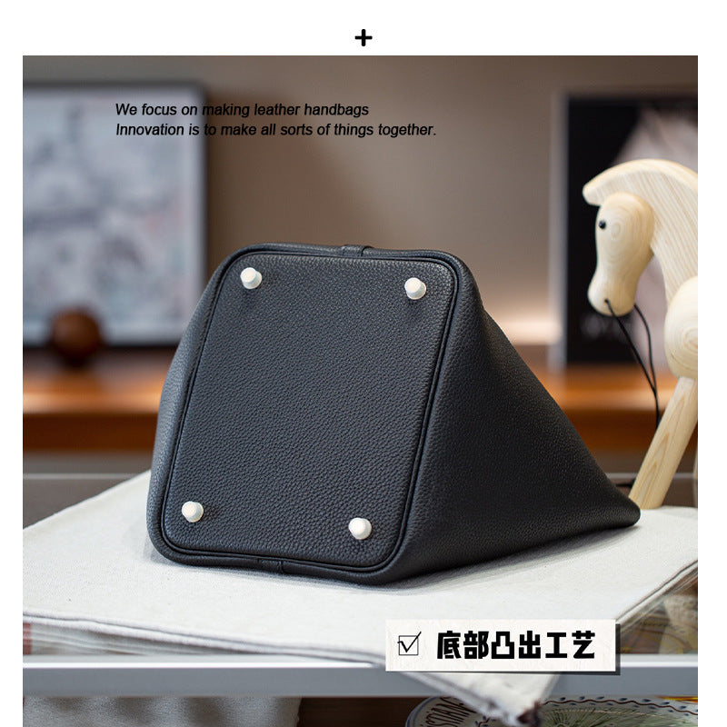 半手工蜡线缝制进口TC皮菜篮子女包金银扣大容量百搭手提22/18寸