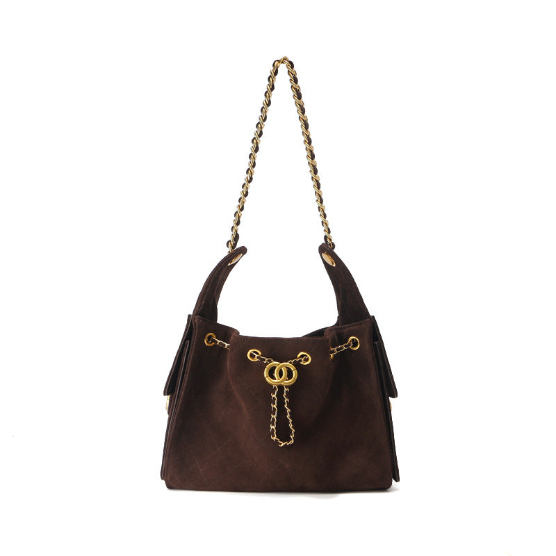 菱格托特包磨砂真皮小香风麂皮绒链条腋下包反绒皮单肩通勤包包女