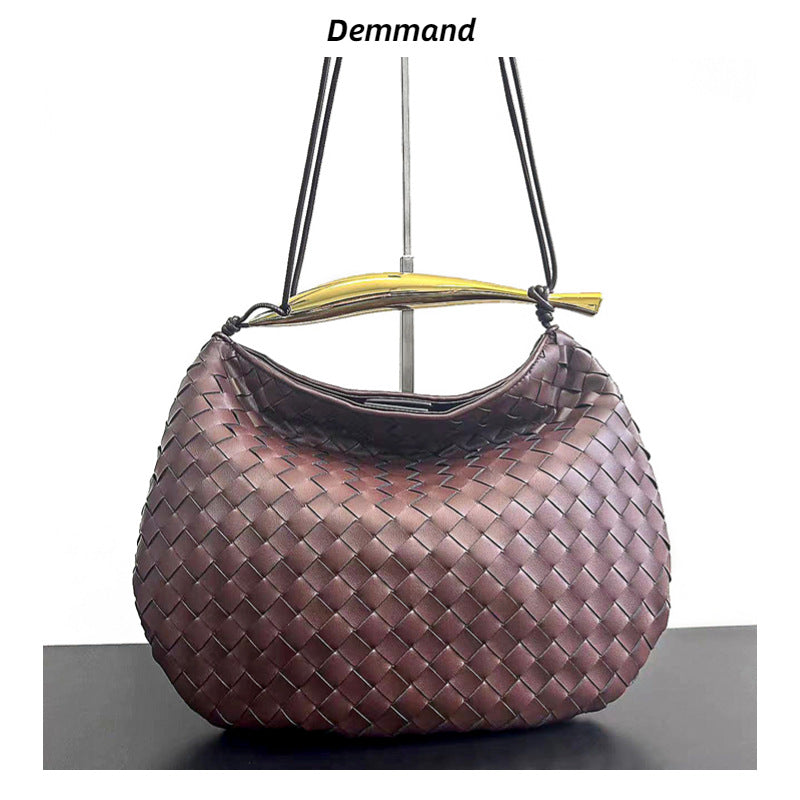 预售新款沙丁鱼编织包真皮时尚休闲高级感鲨鱼金属柄半月手提女包