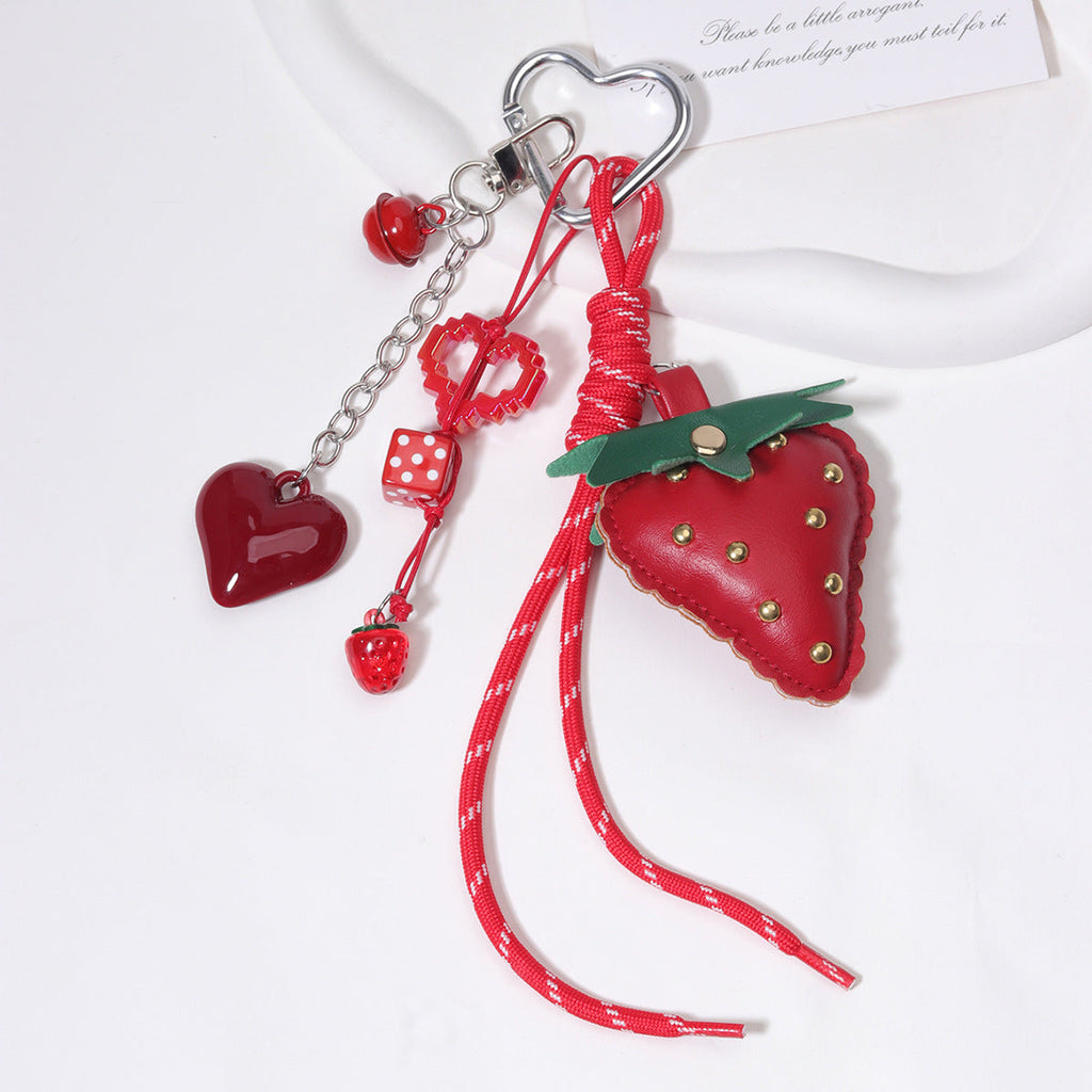 量大价优现货红色草莓包挂金属动物狗编织绳钥匙链钥匙扣包挂