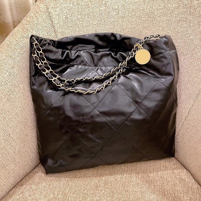 小香风ins潮慵懒风垃圾袋女包22bag大容量托特包真皮菱格包 代发