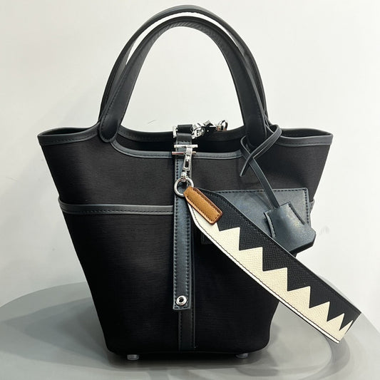 小众设计蜡线菜篮子帆布拼接平纹真牛皮口袋包手提手拎女包水桶包