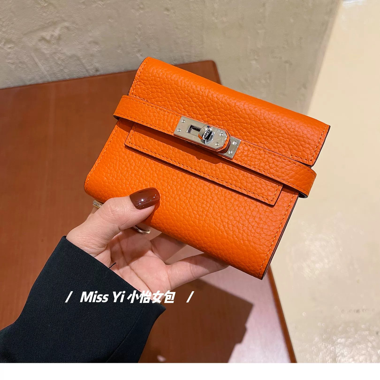 头层牛皮荔枝纹钱包短款 h凯莉钱包三折女士零钱包多卡位锁扣短夹