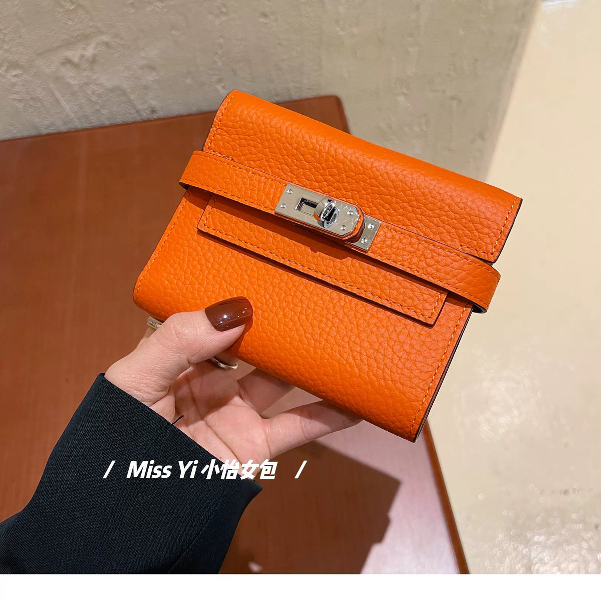 头层牛皮荔枝纹钱包短款 h凯莉钱包三折女士零钱包多卡位锁扣短夹