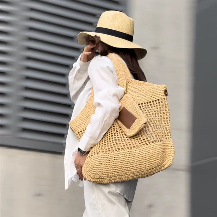 流浪旅行编织草编包托特包单肩大包女大容量通勤包拉菲草腋下包