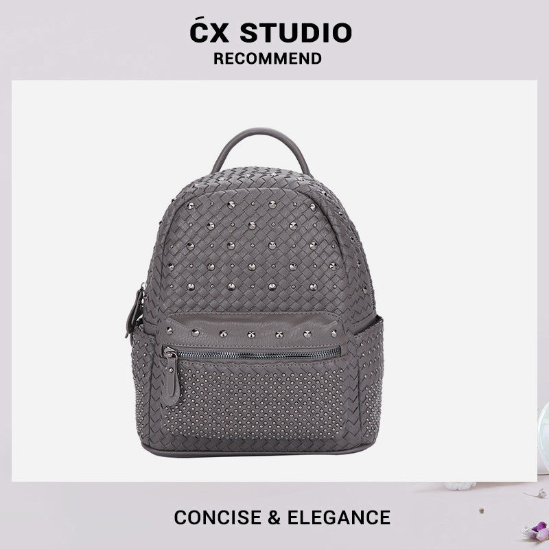 双肩包包女2025新款潮单肩斜挎两用女包时尚编织铆钉背包一件代发