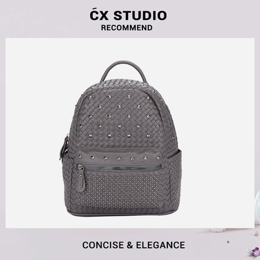 双肩包包女2025新款潮单肩斜挎两用女包时尚编织铆钉背包一件代发