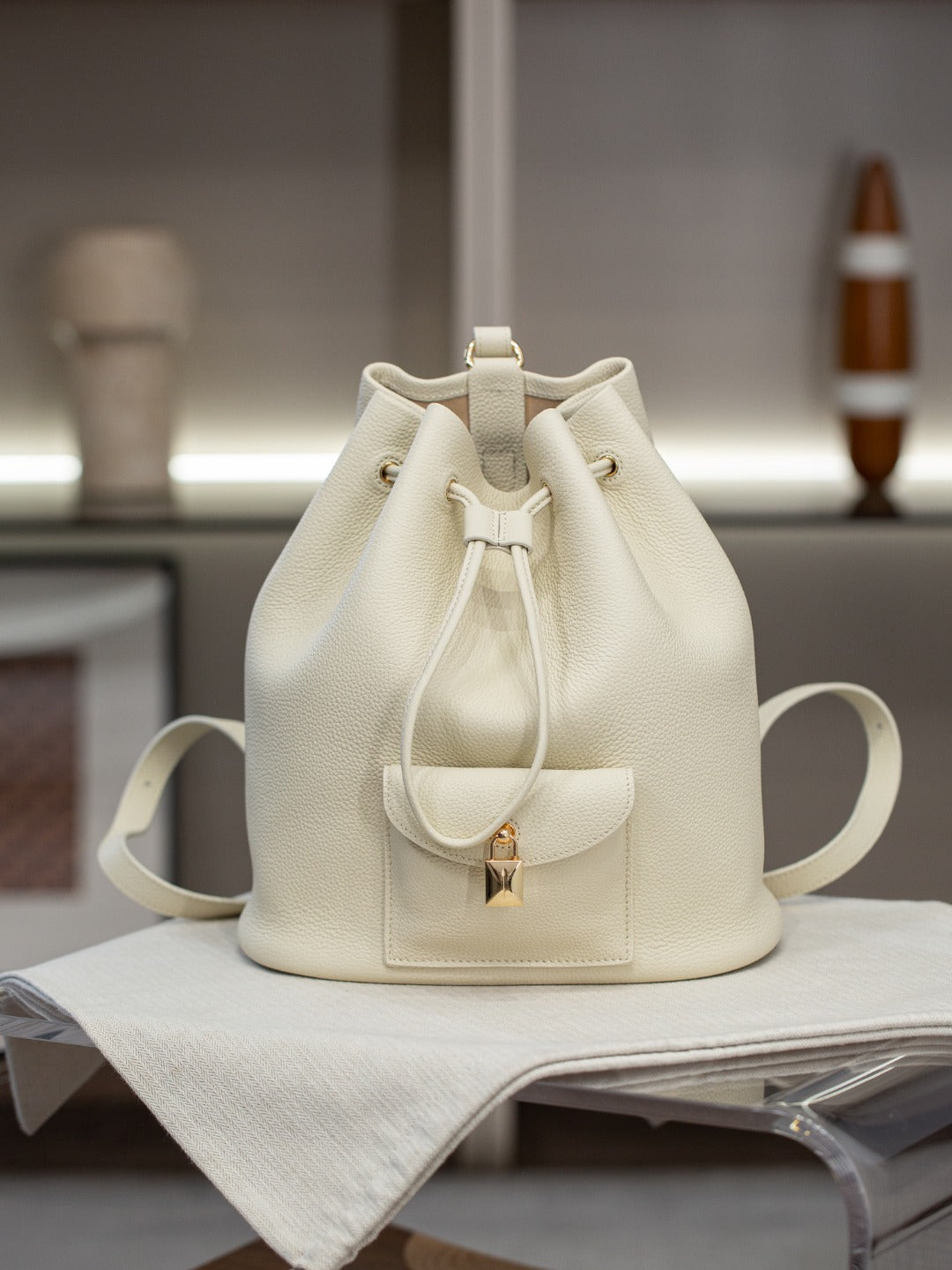 25春夏新款LP锁头抽绳双肩包extra大容量进口头层牛皮撞色单肩包