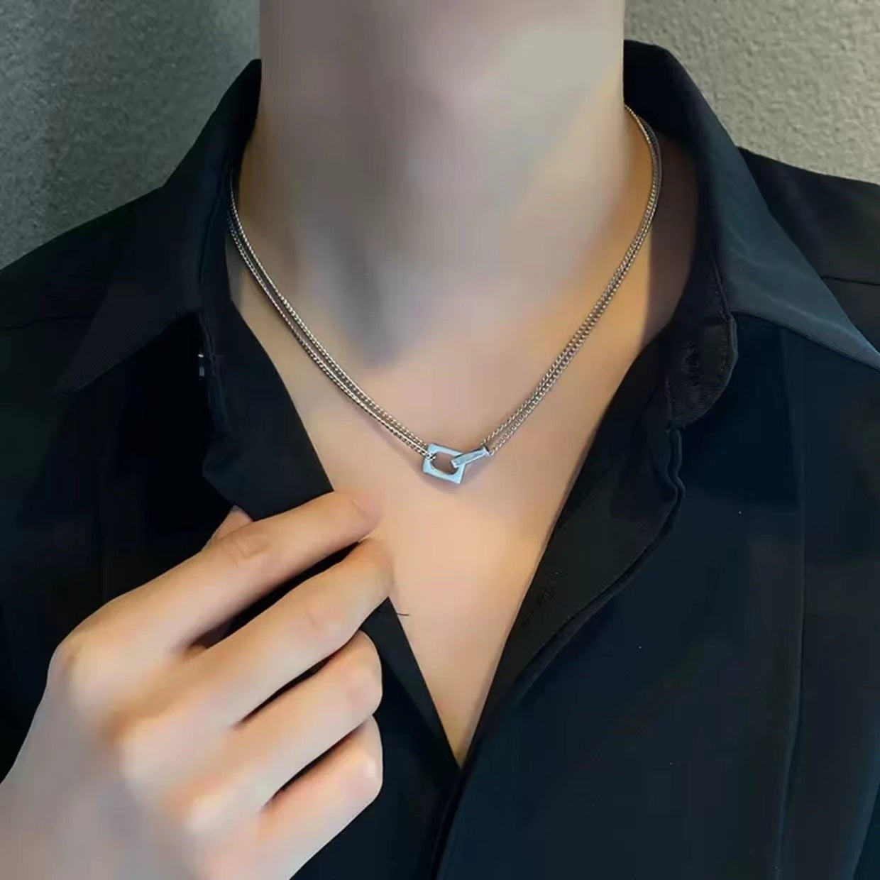 檀健次同款极简方环相扣双层项链男女 潮流百搭高级感锁骨 链男士