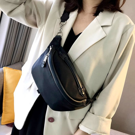 头层牛皮配牛津布胸包女ins潮休闲斜挎包百搭时尚腰包蹦迪包 代发