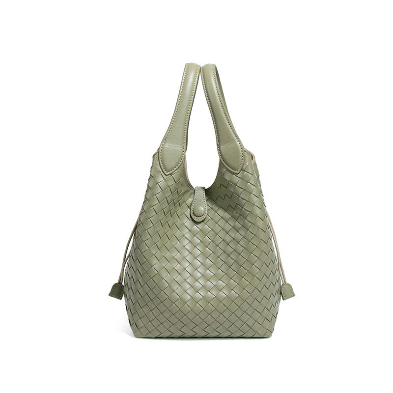 韩版纯色百搭菜篮子手提水桶包质感手工编织女包大容量单肩斜跨包