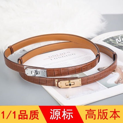 鳄鱼纹H家kelly免打孔皮带女真皮百搭装饰凯莉细腰带配大衣西装