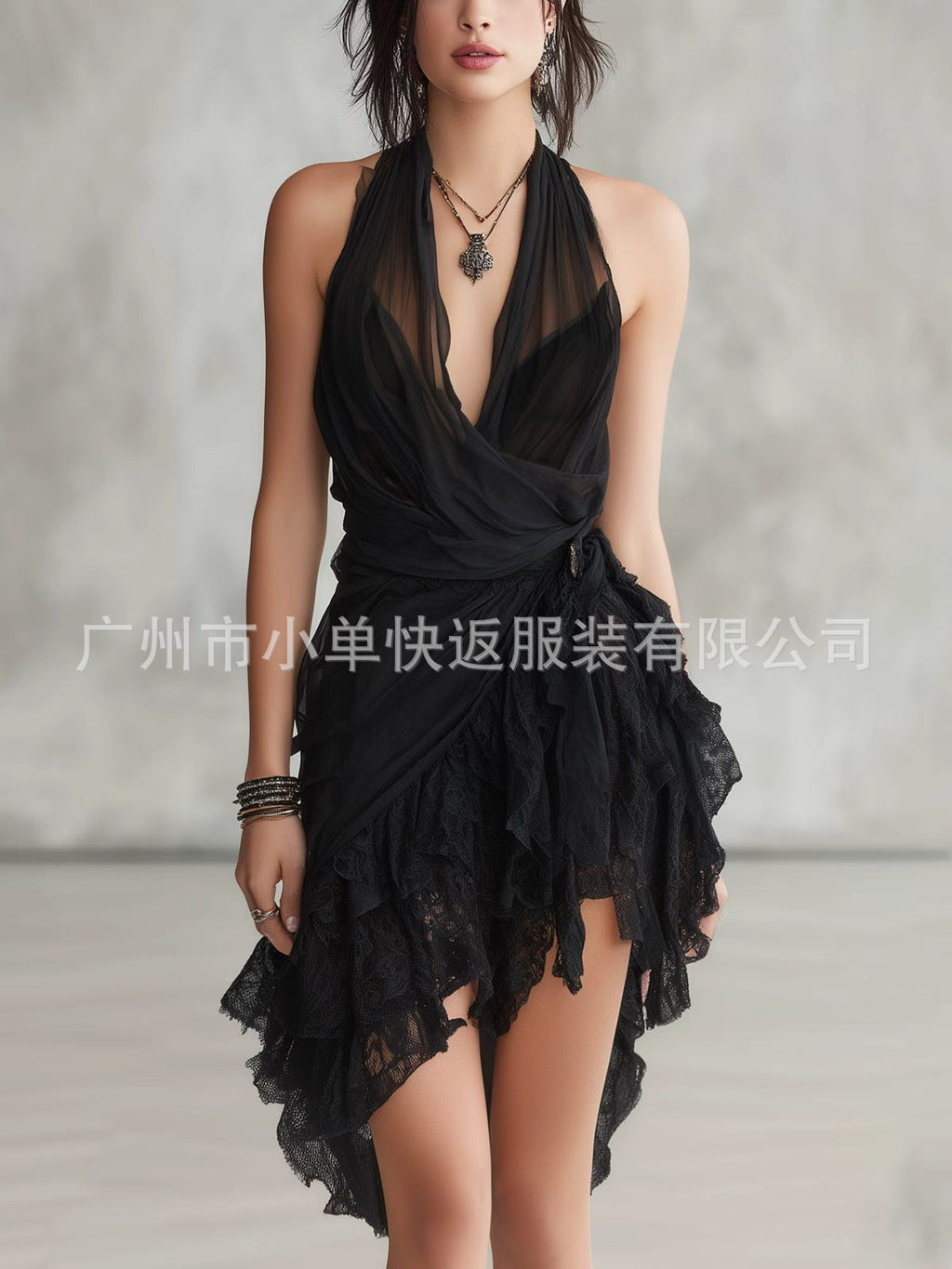 亚马逊独立站2026夏季新款黑色吊带深V领雪纺蕾丝花边连衣裙