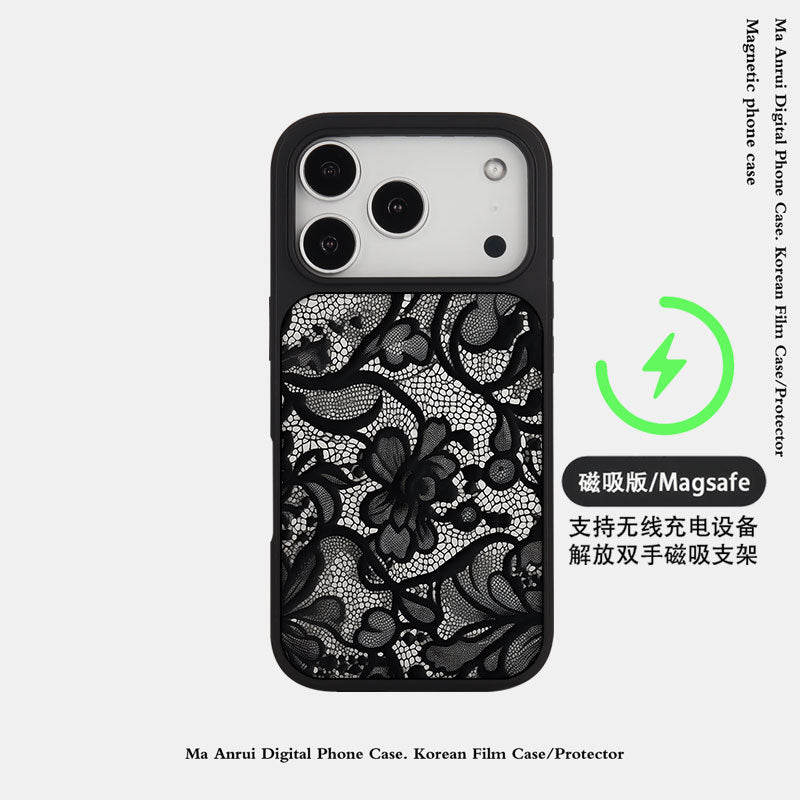 外贸蕾丝花纹适用苹果16pro晶瓷手机壳iPhone17亚克力PC磨砂防摔