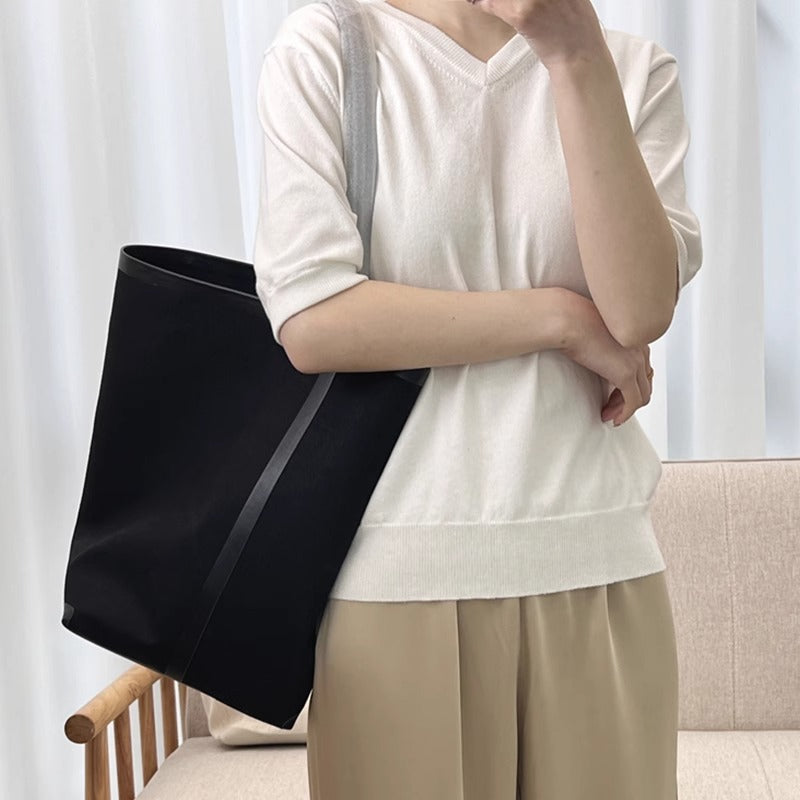 TR高定时尚休闲棉麻拼皮Tote水桶包简约大容量帆布包单肩托特包女