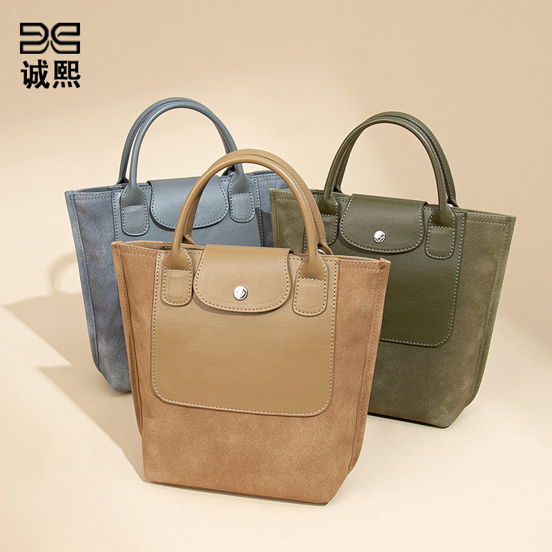 新款拼接磨砂麂皮绒手提女包时尚单肩斜跨包休闲百搭大容量托特包