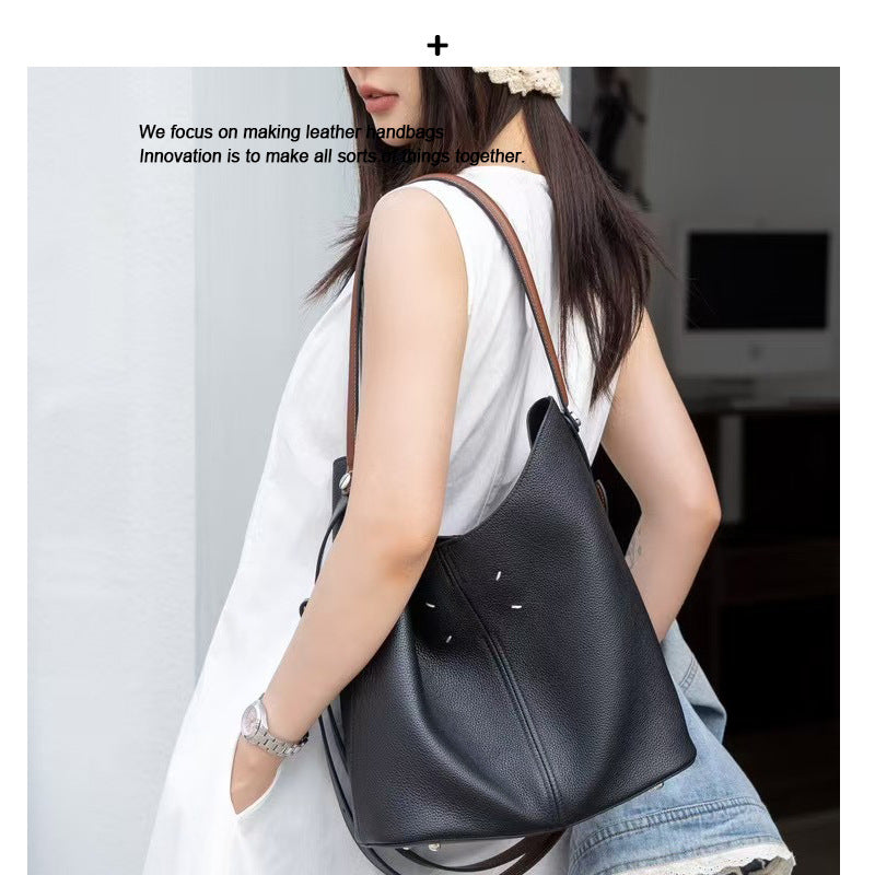 2025新款白色水桶包女斜挎头层真牛皮单肩大容量斜挎托特通勤包
