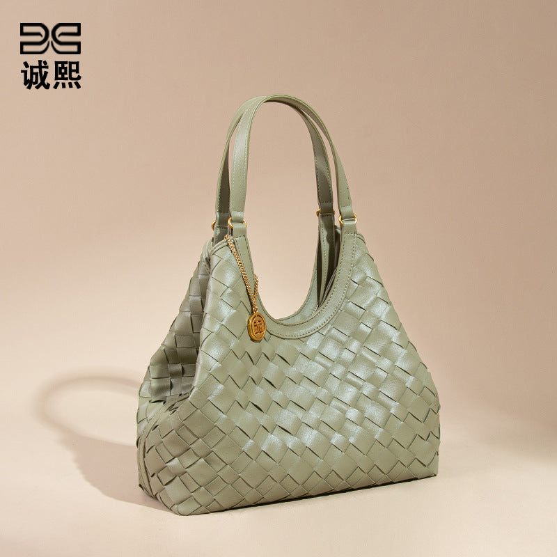 简约大容量通勤菜篮子手拎女包手工编织包休闲百搭纯色子母托特包