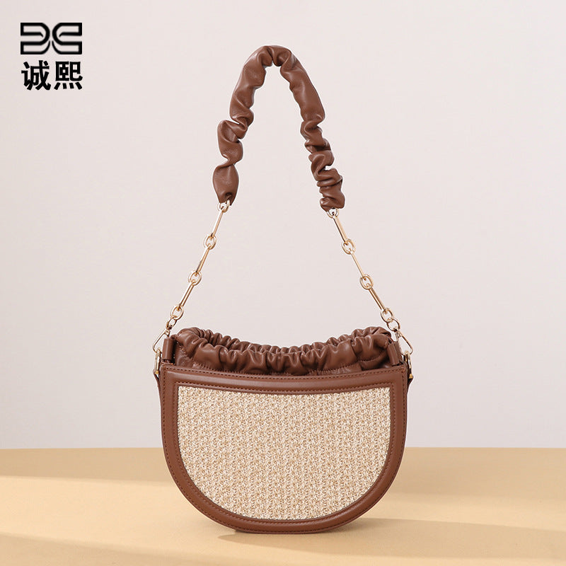 拉菲草单肩腋下包沙滩度假草编马鞍包小清新仙女藤编包斜挎子母包