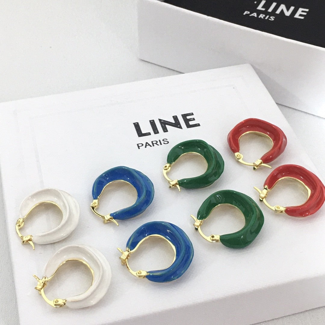 赛家新款celin秀创意彩色珐琅小号金色饰面黄铜圈式扭曲圆圈耳环