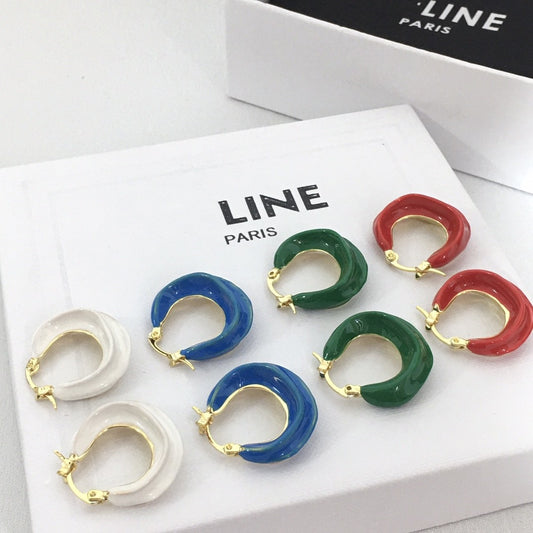 赛家新款celin秀创意彩色珐琅小号金色饰面黄铜圈式扭曲圆圈耳环