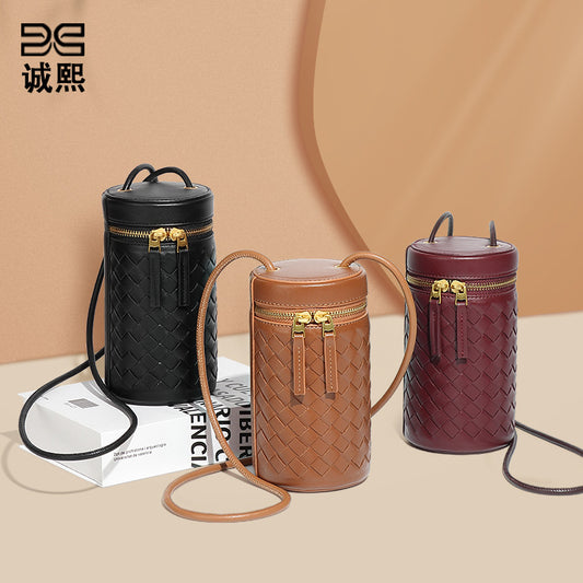 时尚简约纯色圆筒包新款百搭手工编织包包迷你可爱单肩斜挎手机包