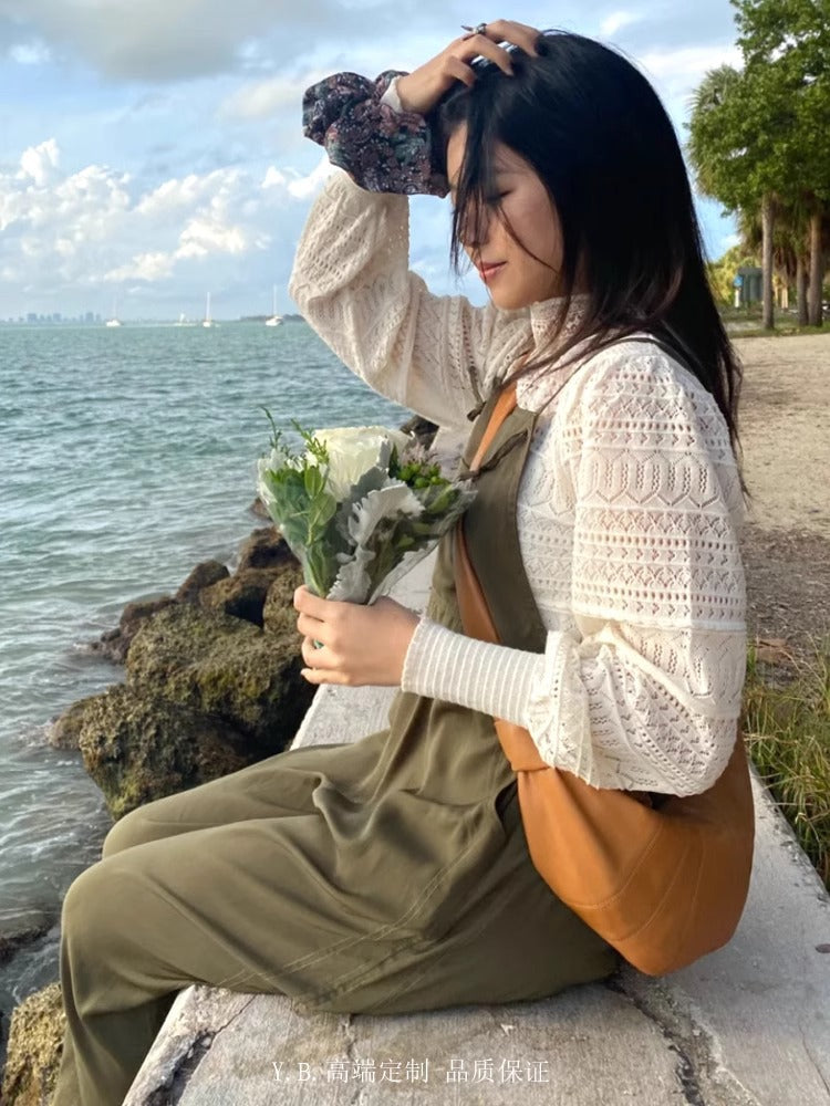 L家牛角包小众羊皮可颂包休闲饺子包真皮小号斜挎流浪胸包 批发