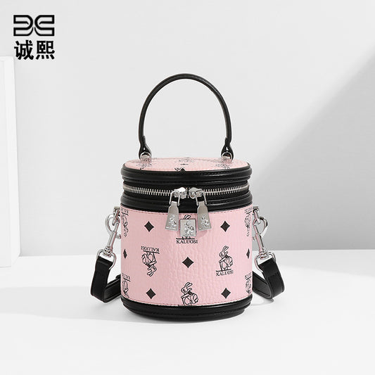 发财水桶包女印花时尚潮流兔兔新款手提圆筒包小众通勤单肩斜挎包
