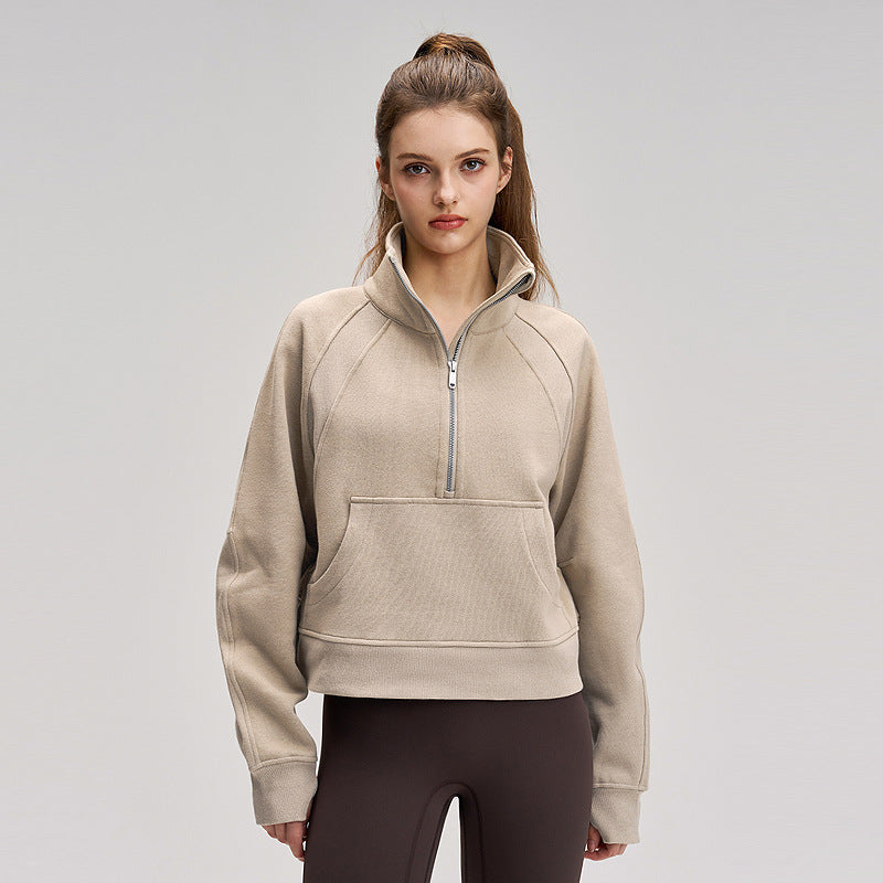 防风运动外套女加绒加厚半拉链宽松瑜伽健身服棉lulu烟囱高领卫衣