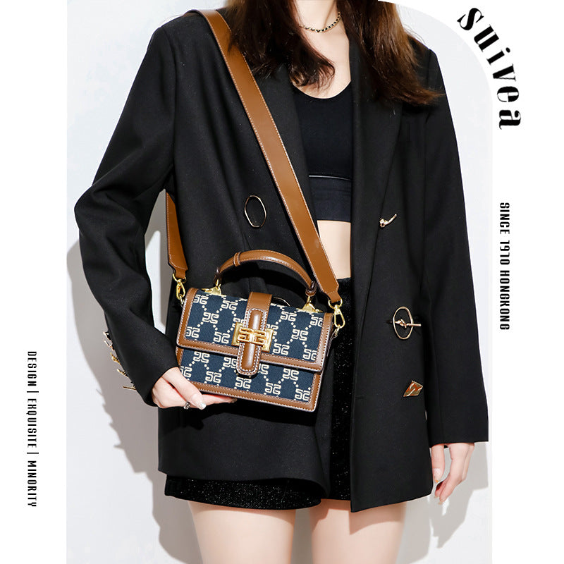 2025新款手提盒子小方包复古刺绣牛仔蓝单肩包通勤百搭斜挎女包包