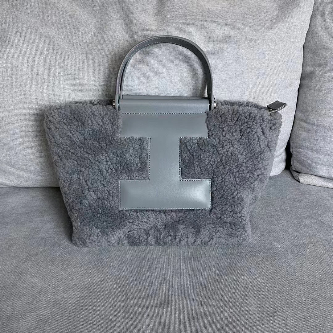 包包女2023秋冬新品网红撞色复古牛皮羊毛大容量托特包单肩斜挎包