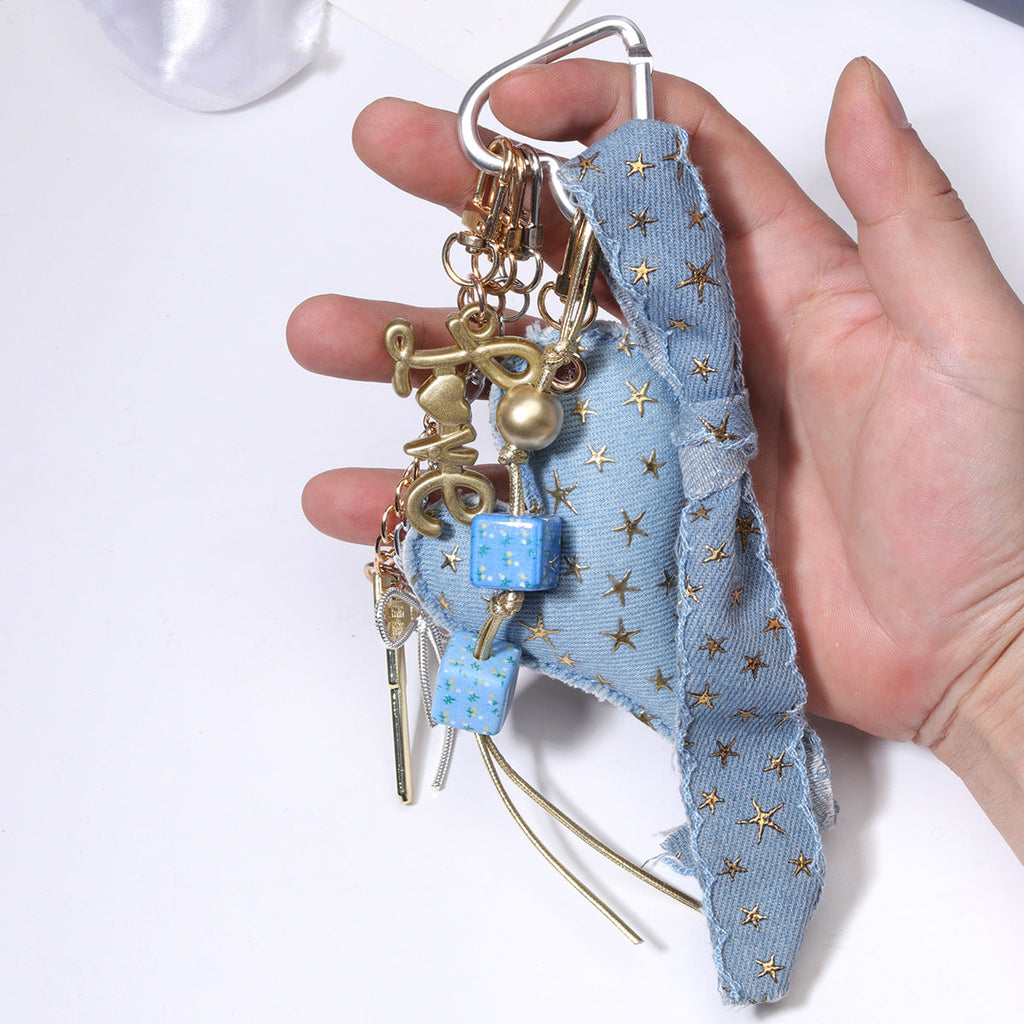 miu系包挂高级感秋冬挂件美德拉风银色桃心创意牛仔布编绳挂饰