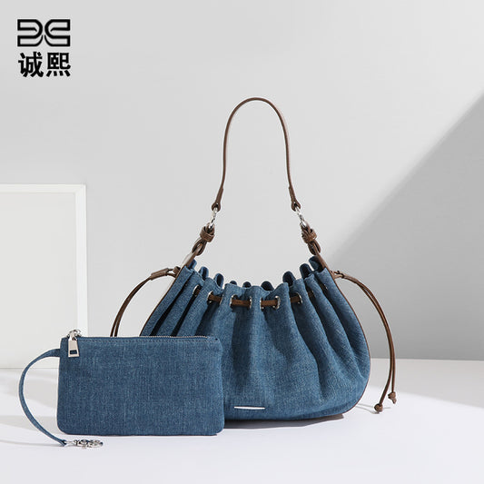 时尚爆款牛仔布皱褶包束口抽绳潮流单肩女包设计感潮流手提斜挎包