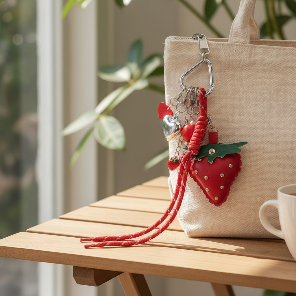 量大价优现货红色草莓包挂金属动物狗编织绳钥匙链钥匙扣包挂
