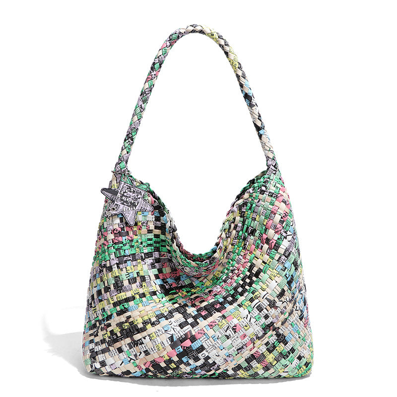 跨境新款拼色子母单肩托特女包大容量百搭腋下包全手工编织手提包