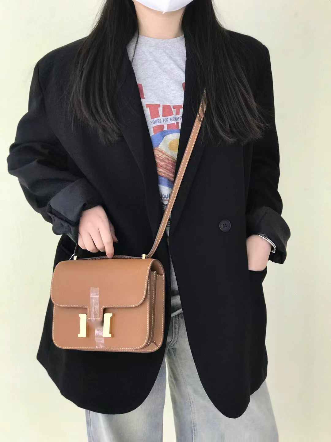 H扣康康包头层牛皮高级感空姐包经典百搭斜跨小方包时尚真皮女包