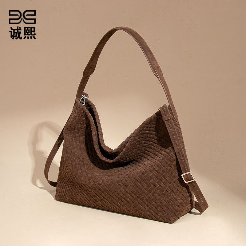 欧美复古麂皮绒单肩腋下包大容量斜跨编织女包质感手提子母托特包