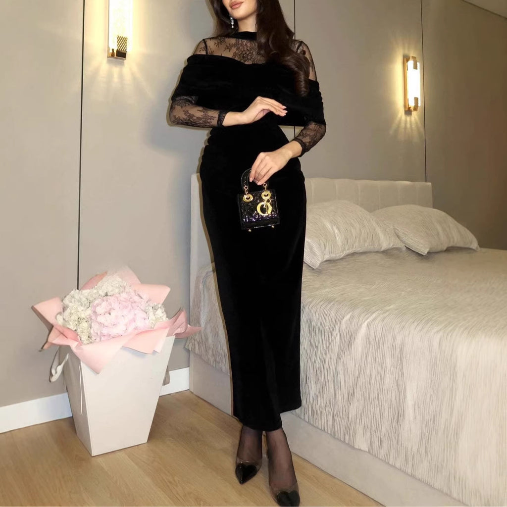 2025新款亚马逊独立站丝绒披肩礼服修身长裙女