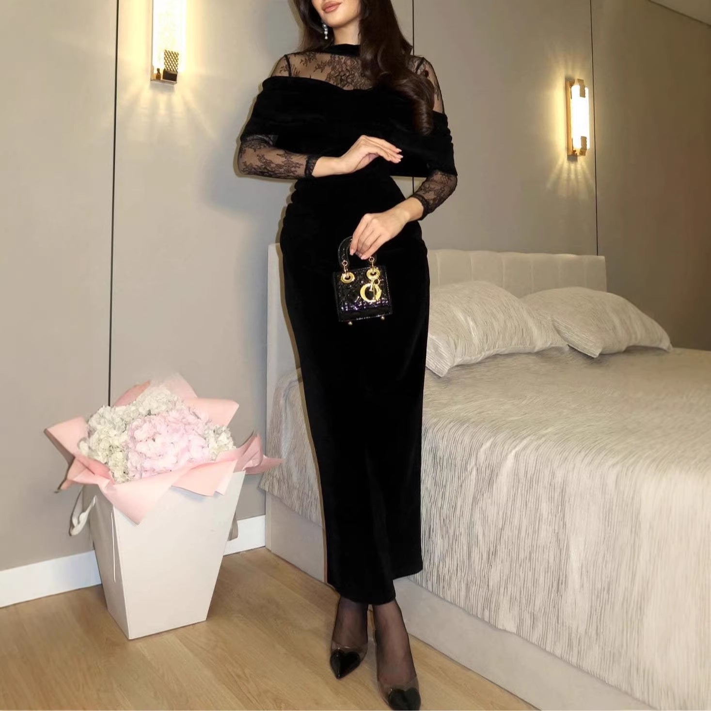 2025新款亚马逊独立站丝绒披肩礼服修身长裙女