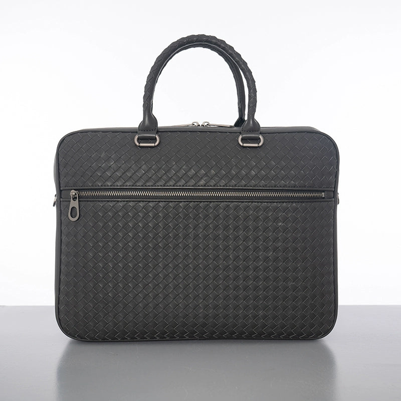X&BV公文包男商务简约真皮手提包横款编织男士单肩斜挎包大容量潮