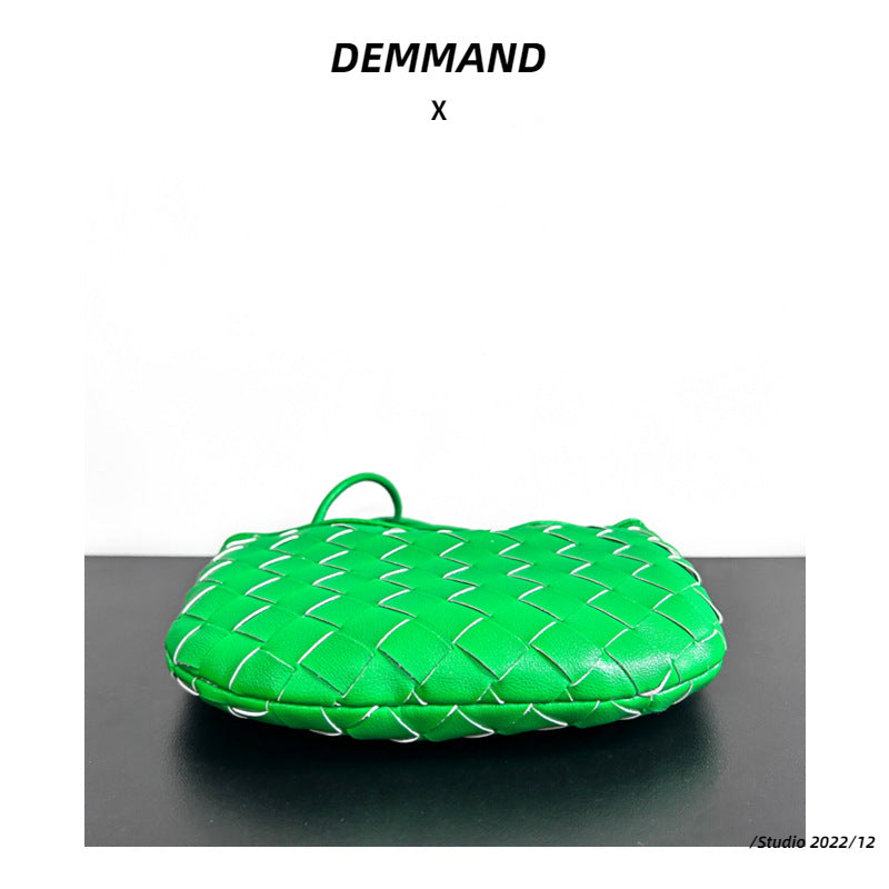 拉链款编织包包2023新款牛皮金属手柄月牙包单肩斜挎手提包时尚