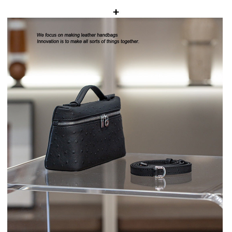 真皮lp包包 19饭盒包高级感鸵鸟纹手提盒子包百搭单肩斜挎小方包