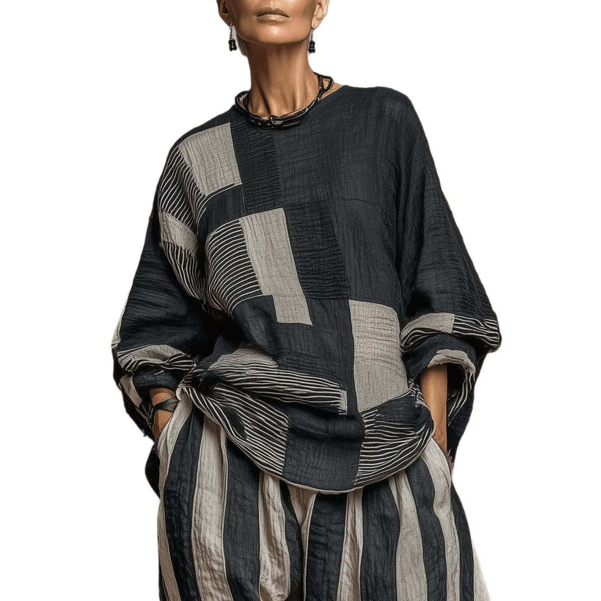 2026新款欧美风宽松棉麻条纹套装女复古慵懒风阔腿裤两件套时尚休