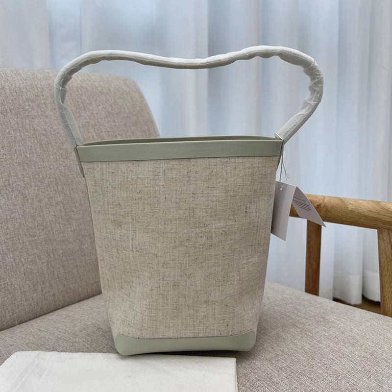 TR高定时尚休闲棉麻拼皮Tote水桶包简约大容量帆布包单肩托特包女